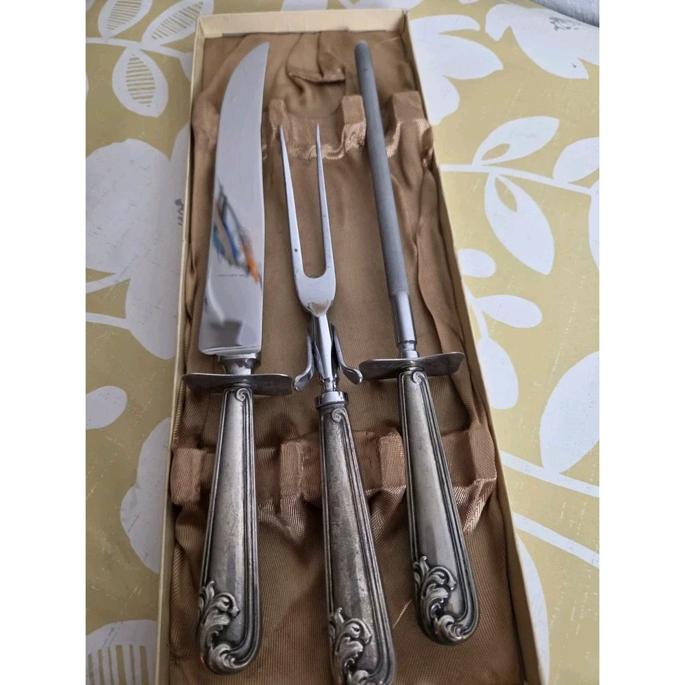 Vtg 3-piece Sterling Silver hollow handle Carving Set By Crosby Original Box